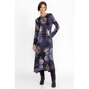 Johnny Was Grey Peony Long Sleeve Tee Dress Blue Gray Floral Print - Size Large